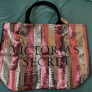 NEW Victoria's Secret Pink Large Sequin Striped Tote shopping Bench Travel Bag